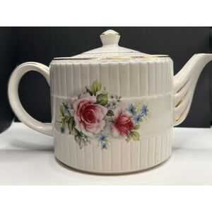 Vintage Ellgreave Wood & Sons England Ironstone Teapot Flower Floral Design Gold